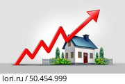 Rising interest rates and mortgage home prices surging as housing borrowing costs rise due to inflation and financial crisis concept as a house hit by a a finance graph arrow with 3D render elements. Стоковое фото, агентство Ingram Publishing / Фотобанк Лори
