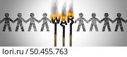 Tragedy of war concept as matches with flames and smoke burning paper cut people as a tragic symbol of the pain of violence and cannon fodder in wars with 3D illustration elements. Стоковое фото, агентство Ingram Publishing / Фотобанк Лори