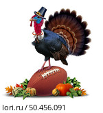 Thanksgiving Football and autumn sports ball as an American sport during the Fall season or field goal and touchdown on a field with Halloween pumpkin and harvest squash concept as a team sport competition with 3D illustration elements. Стоковое фото, агентство Ingram Publishing / Фотобанк Лори