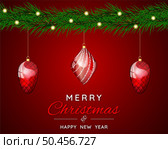 Christmas banner with fir tree branches, balls and garland. Christmas tree branches on a red background. Festive design for the winter holidays, events, discounts, and sales. Vector illustration. . Стоковая иллюстрация, агентство Ingram Publishing / Фотобанк Лори