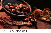 Roasted chestnuts on a rustic wooden table with autumn leaves in the background. Стоковое фото, агентство Ingram Publishing / Фотобанк Лори