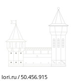 Medieval tower and castle walls. Black and white medieval watchtower line art isolated on white background, cutout ready, vector. Стоковая иллюстрация, иллюстратор Елена  Попкова / Фотобанк Лори