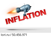 Rising inflation as a rise of food cost and grocery prices surging costs of energy and fuel as an inflationary financial crisis concept as a rocket speeding up with ttext with 3D render elements. Стоковое фото, агентство Ingram Publishing / Фотобанк Лори