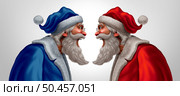 Holiday conflict and Santa Claus in disagreement with another santaclaus as a christmas time stress or political war season between blue left and red right as a concept with 3D illustration elements. Стоковое фото, агентство Ingram Publishing / Фотобанк Лори