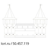 Medieval tower and castle walls. Black and white medieval watchtower line art isolated on white background, cutout ready, vector. Стоковая иллюстрация, иллюстратор Елена  Попкова / Фотобанк Лори