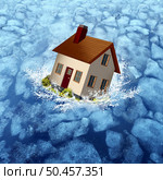 Cooling housing market and Mortgage Rates rise or Increasing Mortgages slowing home and house sales as housing borrowing costs increase due to inflation and financial crisis concept as a house in ice with 3D render elements. Стоковое фото, агентство Ingram Publishing / Фотобанк Лори