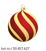 Christmas decoration red glass ball with stripes ornate. Festive design element for the winter holidays, events, discounts, and sales. Vector illustration. Стоковая иллюстрация, агентство Ingram Publishing / Фотобанк Лори