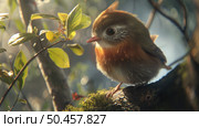 A small bird is perched atop a tree branch, with its feathers ruffled by the breeze. The bird gazes outwards, surveying its surroundings. Стоковое AI-изображение, AI-художник Данила Большаков / Фотобанк Лори