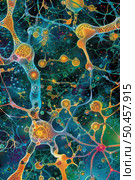 An artistic depiction of the complex network of neurons and synapses in the brain, showcasing the vibrant activity of neural connections. Стоковое AI-изображение, AI-художник Данила Большаков / Фотобанк Лори
