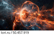 A computer-generated depiction of a massive black hole in the vast expanse of space, showcasing its immense gravitational pull and the distortion of light around its event horizon. Стоковое AI-изображение, AI-художник Данила Большаков / Фотобанк Лори