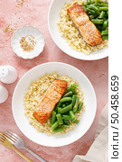Salmon fillet grilled with bulgur and green beans. Healthy food, diet. Top view. Стоковое фото, агентство Ingram Publishing / Фотобанк Лори
