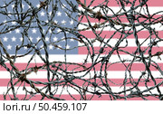 US Border Crisis American immigration and United States refugee concept with a blurred US flag as a social issue about refugees or illegal immigrants with barbed wire fence in a 3D illustration style. Стоковое фото, агентство Ingram Publishing / Фотобанк Лори