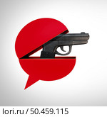 Hate Speech Danger as a hateful content symbol with a gun emerging out of  a word bubble representing weaponization of social media as a threatening message or hostile communication and verbal abuse threat as a 3D render. . Стоковое фото, агентство Ingram Publishing / Фотобанк Лори
