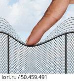 Open Borders as an immigration and Citizenship and free movement of migrants as a finger pushing down a fence and removing border security as a social issue concept with 3D illustration elements. Стоковое фото, агентство Ingram Publishing / Фотобанк Лори