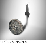 Potential of technology and to accelerate invention and the evolution of tech as a stone wheel casting a shadow of an advanced rocket blasting off to forge ahead into the future in a 3D illustration style. Стоковое фото, агентство Ingram Publishing / Фотобанк Лори