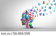Learning to read and reading comprehension or language spoken and Autistic spectrum or Dyslexia disorder concept as a human head made of Alphabet letters as a symbol for education and mental health in a 3D illustration style. Стоковое фото, агентство Ingram Publishing / Фотобанк Лори