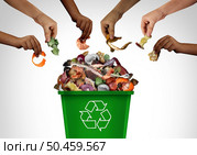 People Composting together and community green bin compost and recycling garbage as a container to recycle organic waste and composted food for fertilizer as a concept of environmental conservation with 3D illustration elements. Стоковое фото, агентство Ingram Publishing / Фотобанк Лори