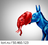 Fake conservative or closet liberal as a blue Donkey pretending or masquerading as a red Elephant in an American election campaign as a symbol of opposition research politics and US political strategy in a 3D illustration style. Стоковое фото, агентство Ingram Publishing / Фотобанк Лори