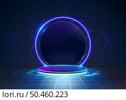 3D realistic technology digital cyberpunk podium display neon lighting circle portal with HUD geometric elements on dark blue background. You can use for show product tech, game design future, etc. Vector illustration. Стоковая иллюстрация, агентство Ingram Publishing / Фотобанк Лори