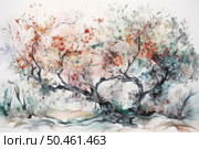 Watercolor illustration of curved trees covered with bright foliage and flowers in warm and cool tones. The composition is made in a light, airy manner with transparent layers and soft transitions of shades - from pink and reddish to green-blue and gray. The branches are smoothly intertwined, creating a rhythmic and poetic structure. The picture conveys a sense of harmony, inspiration and natural beauty, is perfect for use in printing, textiles, interior, packaging design and decor. Стоковое AI-изображение, AI-художник Анна Кривицкая / Фотобанк Лори