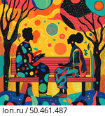 A vibrant and expressive abstract illustration of two people sitting on a park bench. The figures are made in the style of silhouettes and decorated with colorful patterns and geometric elements. The background is filled with bright colors - yellow, orange, red, turquoise and blue - creating an atmosphere of warmth, joy and communication. The composition combines elements of pop art, psychedelia and naive art, conveying the idea of ​​​​dialogue, human connection and emotional contact. Стоковое AI-изображение, AI-художник Анна Кривицкая / Фотобанк Лори