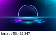 3D realistic technology digital cyberpunk podium display neon lighting circle portal with HUD geometric elements and lighting effect on dark blue background. You can use for show product tech, game design future, etc. Vector illustration. Стоковая иллюстрация, агентство Ingram Publishing / Фотобанк Лори
