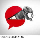 Right Wing Commentary and conservative talk symbol as an open red speech bubble with an elephant emerging out as a symbol of politics in the United States and political icon for right-wing discussion with 3D illustration elements. . Стоковое фото, агентство Ingram Publishing / Фотобанк Лори