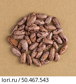 Top view of circle of pinto beans against beige vinyl background. Стоковое фото, агентство Ingram Publishing / Фотобанк Лори