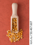 Top view of wooden scoop with corn against red vinyl background. Стоковое фото, агентство Ingram Publishing / Фотобанк Лори