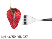 Strawberry and chocolate on a fork isolated on white background. Стоковое фото, агентство Ingram Publishing / Фотобанк Лори