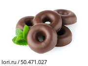 Chocolate donut cookies with green mint leaves on whute background. Стоковое фото, агентство Ingram Publishing / Фотобанк Лори
