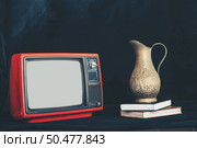 Old retro TV is still life by placing flower vases on books. Стоковое фото, агентство Ingram Publishing / Фотобанк Лори