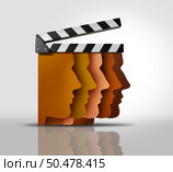 Diversity In Movies as multicultural representation in cinema and entertainment industry with black or Asian actors and directors as a movie clapper shaped as a group of diverse human faces with 3D illustration elements. Стоковое фото, агентство Ingram Publishing / Фотобанк Лори