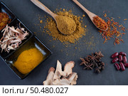 The spices are placed in a spoon and placed in a cup on the cement floor. Стоковое фото, агентство Ingram Publishing / Фотобанк Лори