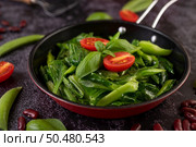 Stir-Fried Kale in Oyster Sauce on a Pan with Peanuts, Peppers, Tomatoes and Red Beans on a Cement Floor. Стоковое фото, агентство Ingram Publishing / Фотобанк Лори