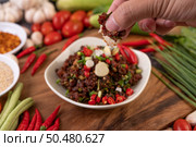 Spicy minced meat, made from raw meat with chili peppers. garlic and spring onions. Стоковое фото, агентство Ingram Publishing / Фотобанк Лори