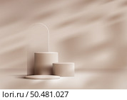3D realistic products display group of beige podium stand pedestal on brown background leaf shadow light with transparency glass backdrop minimal style. You can use for product presentation, cosmetic display mockup, showcase, etc. Vector illustration. Стоковая иллюстрация, агентство Ingram Publishing / Фотобанк Лори
