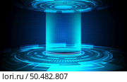 Abstract 3D realistic technology digital cyberpunk podium display neon lighting circle portal tunnel with HUD geometric elements on dark blue grid background. You can use for show product tech, game design future, etc. Vector illustration. Стоковая иллюстрация, агентство Ingram Publishing / Фотобанк Лори