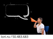 The boy shouted loudly with Text box. Стоковое фото, агентство Ingram Publishing / Фотобанк Лори
