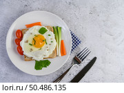 A fried egg laying on a toast, topped with pepper seeds with carrots and spring onions. Стоковое фото, агентство Ingram Publishing / Фотобанк Лори