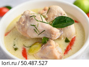 Tom Kha Kai in a bowl with kaffir lime leaves, lemongrass, red onion, galangal and chilli.Selective focus. Стоковое фото, агентство Ingram Publishing / Фотобанк Лори