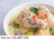 Tom Kha Kai in a bowl with kaffir lime leaves, lemongrass, red onion, galangal and chilli.Selective focus. Стоковое фото, агентство Ingram Publishing / Фотобанк Лори