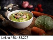 Pork cabbage soup with carrots, chopped green onions, cucumber in a wooden plate on a wooden plate. Стоковое фото, агентство Ingram Publishing / Фотобанк Лори
