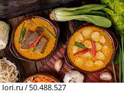 Red curry meatballs with chili and scallions in a bowl. Стоковое фото, агентство Ingram Publishing / Фотобанк Лори