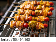 BBQ grill with a variety of meats, complete with tomatoes and bell peppers. Стоковое фото, агентство Ingram Publishing / Фотобанк Лори