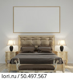 3D illustration Design modern interior bedroom with mockup picture frame on the wall over bed with bedding and cosy furniture, Scandinavian style, 3D rendering. Стоковое фото, агентство Ingram Publishing / Фотобанк Лори