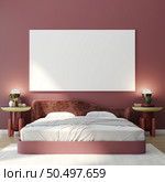 3D illustration Design modern interior bedroom with mockup picture frame on the wall over bed with bedding and cosy furniture, Scandinavian style, 3D rendering. Стоковое фото, агентство Ingram Publishing / Фотобанк Лори