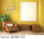 3D illustration mockup photo frame on the wall in living room, scandinavian style interior with cozy furniture, chandelier and houseplant in natural decoration concept, rendering. Стоковое фото, агентство Ingram Publishing / Фотобанк Лори