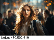 Midday Rush: A Woman Embracing the Citys Vibrant Pulse on a Crowded Metropolitan Street. Стоковое AI-изображение, AI-художник Данила Большаков / Фотобанк Лори