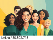 Sisterhood Unveiled: A Glamorous Collective of Diverse Women Posing Confidently in Unity. Стоковое AI-изображение, AI-художник Данила Большаков / Фотобанк Лори